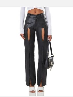 The Kript Faux Leather Black Cutout Straight-Leg Pants Small
